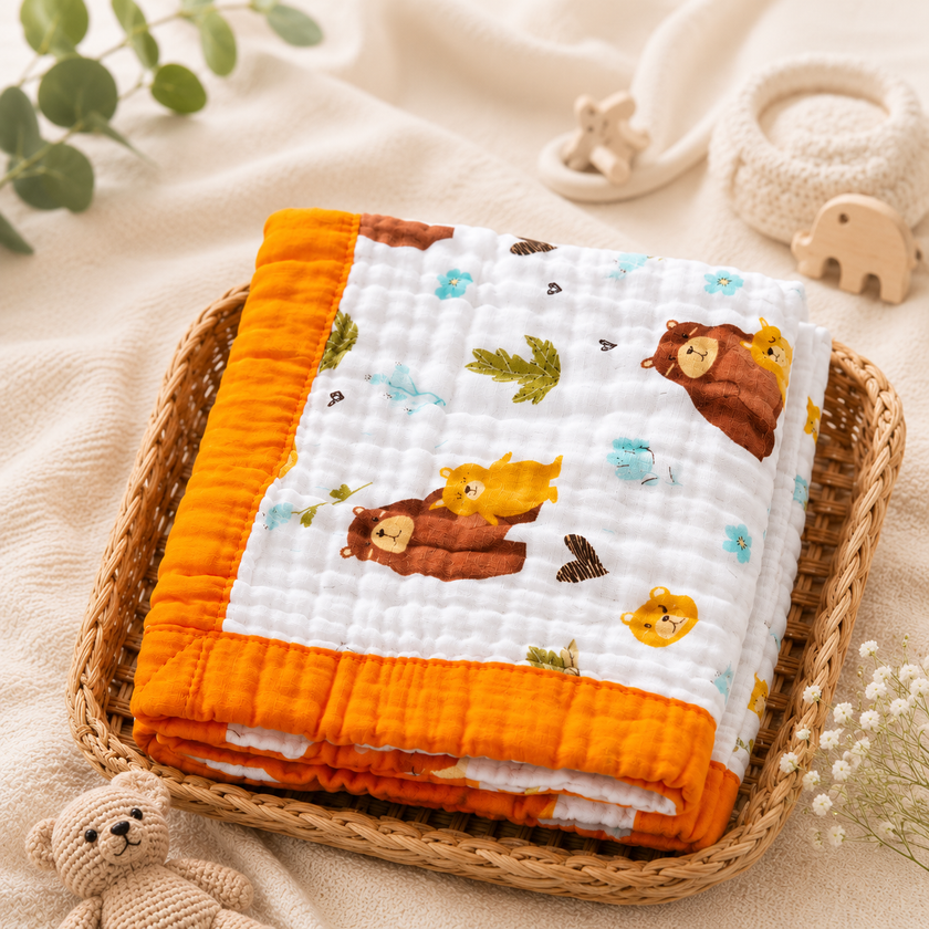 Muslin Baby Blanket with Cute Bear Print