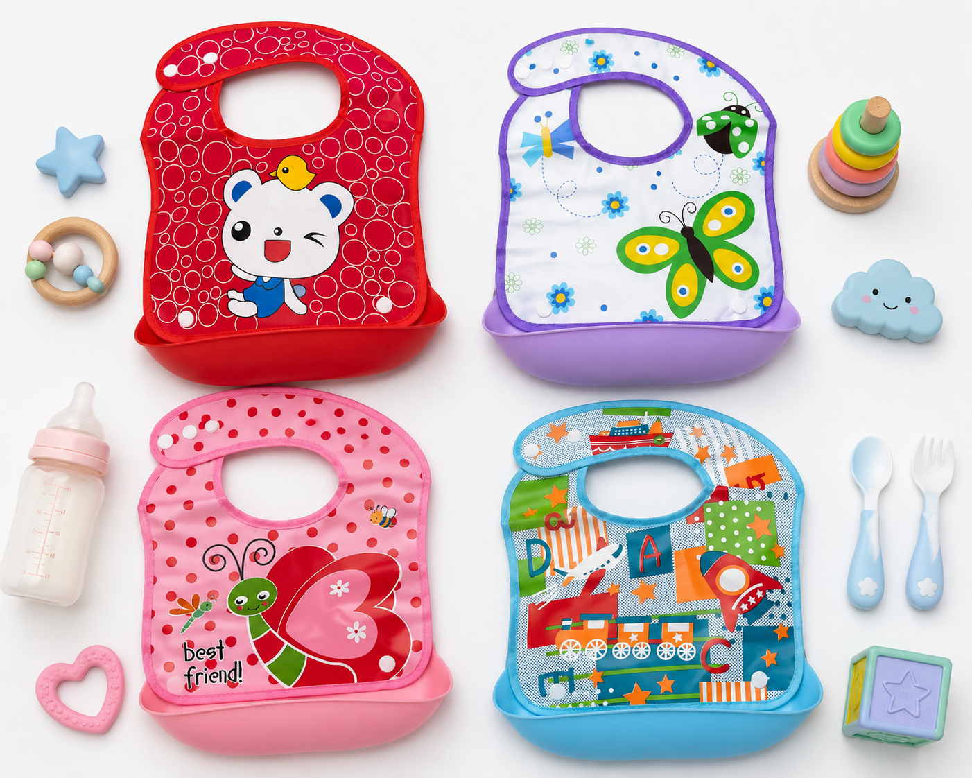 Waterproof Baby Feeding Bib with Food Catcher Pocket Multicolor available (Single Piece)