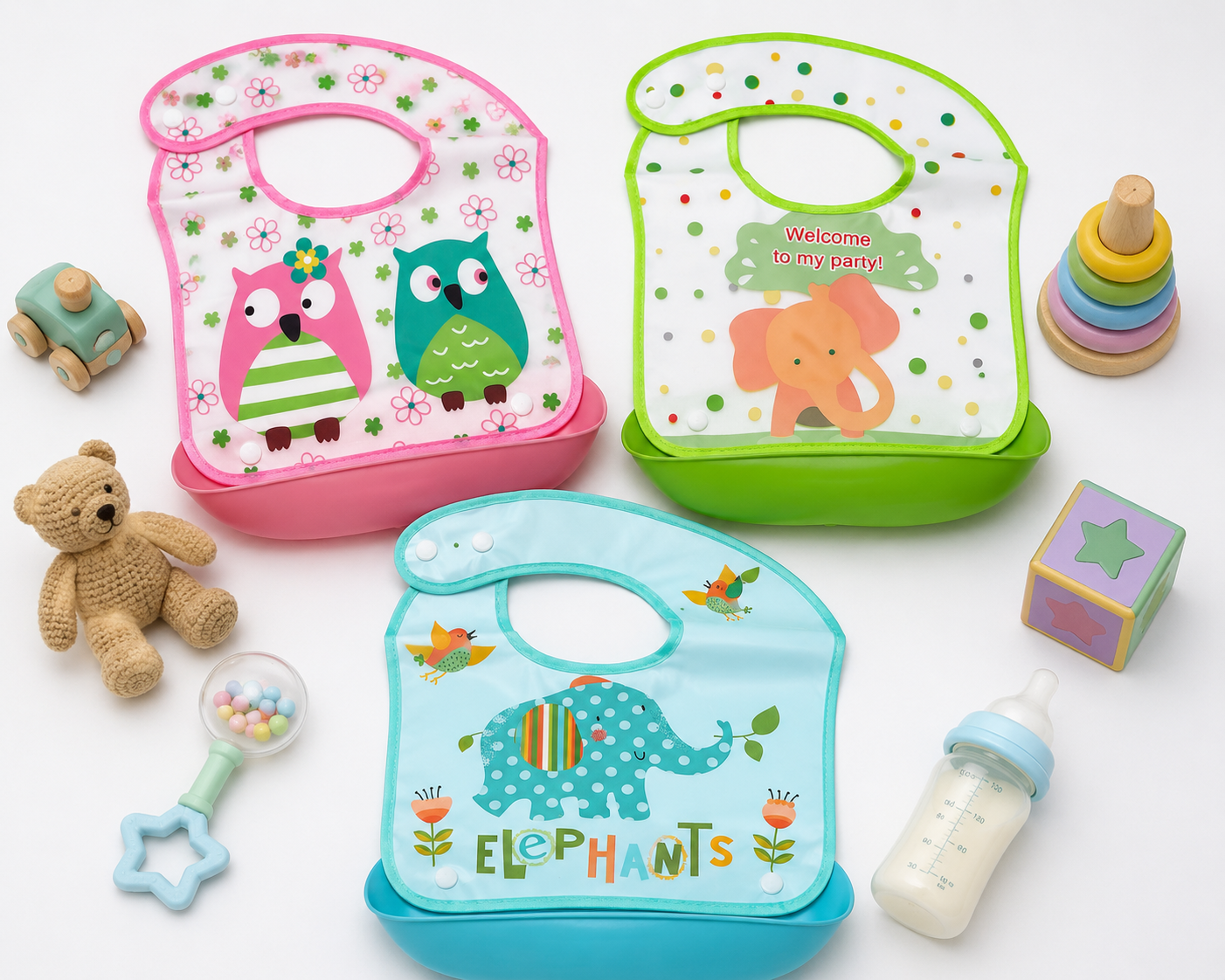 Waterproof Baby Feeding Bib with Food Catcher Pocket Multicolor available (Single Piece)