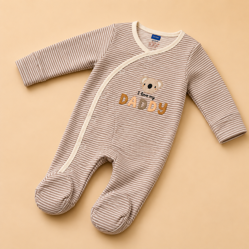 Beige Stripe I Love My Daddy Cotton Footed Sleepsuit for Newborn Babies (0-12 Months) | Soft Full Sleeve Romper