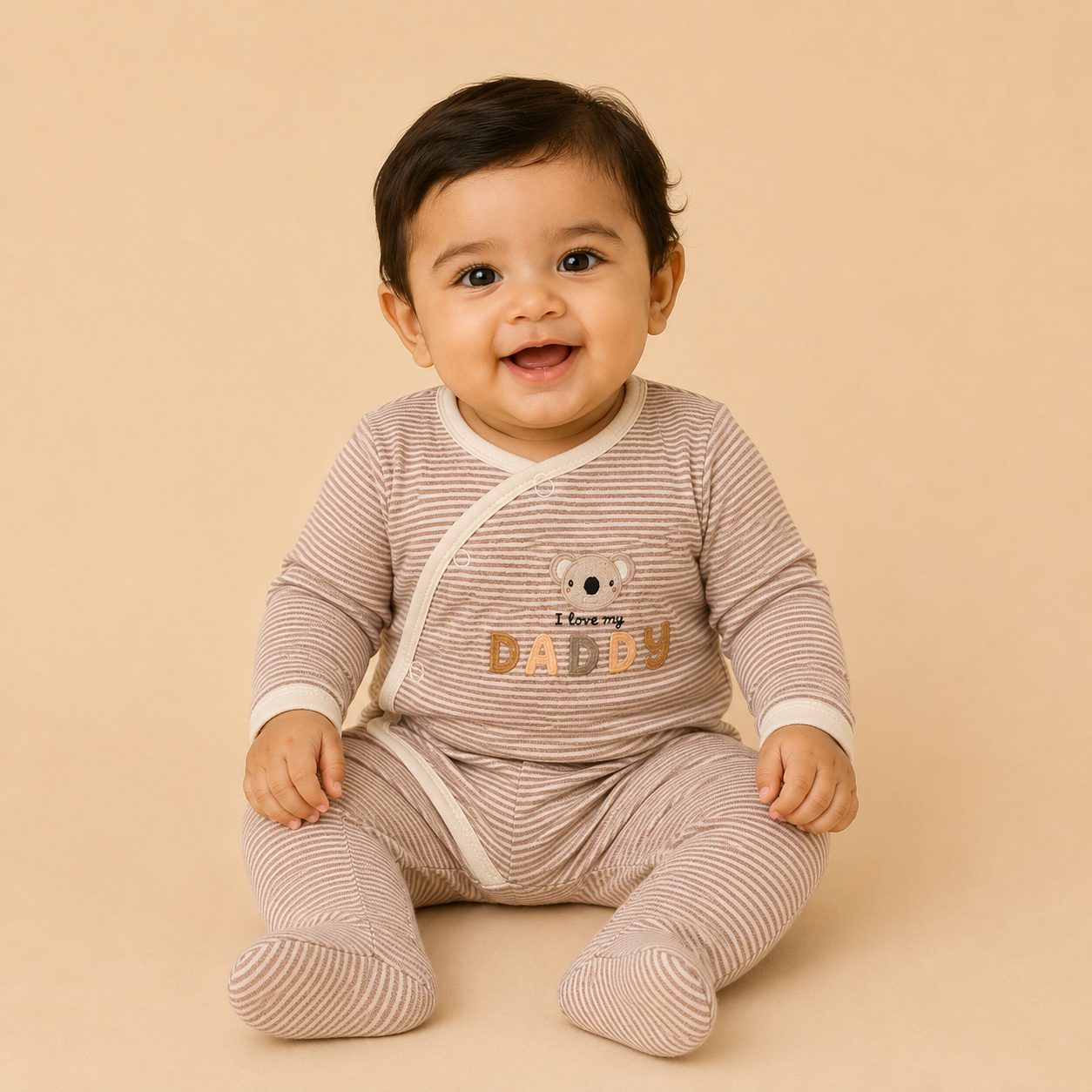 Beige Stripe I Love My Daddy Cotton Footed Sleepsuit for Newborn Babies (0-12 Months) | Soft Full Sleeve Romper