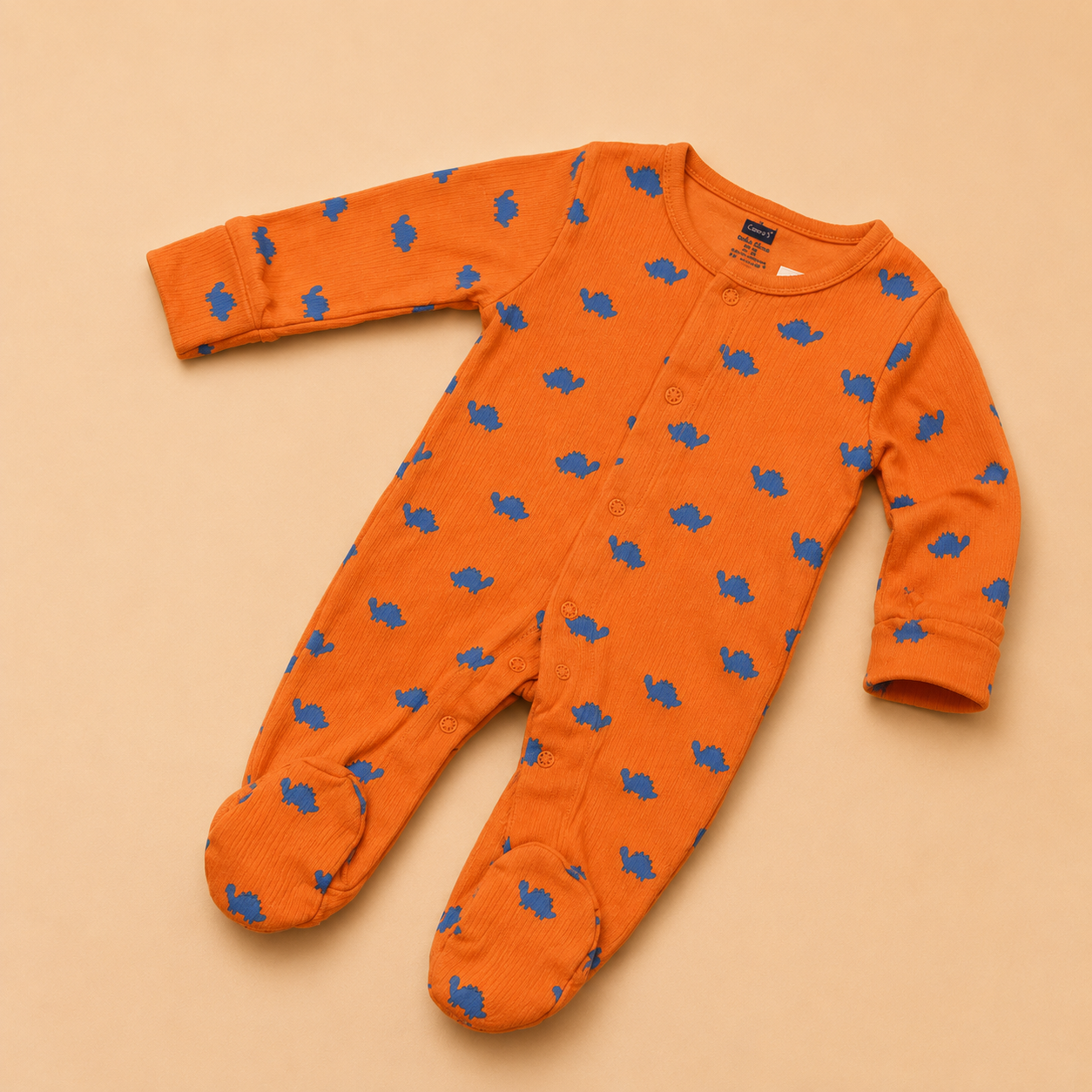 Orange Dinosaur Print Cotton Sleepsuit for Newborn Babies (0-12 Months) | Soft Full Sleeve Romper