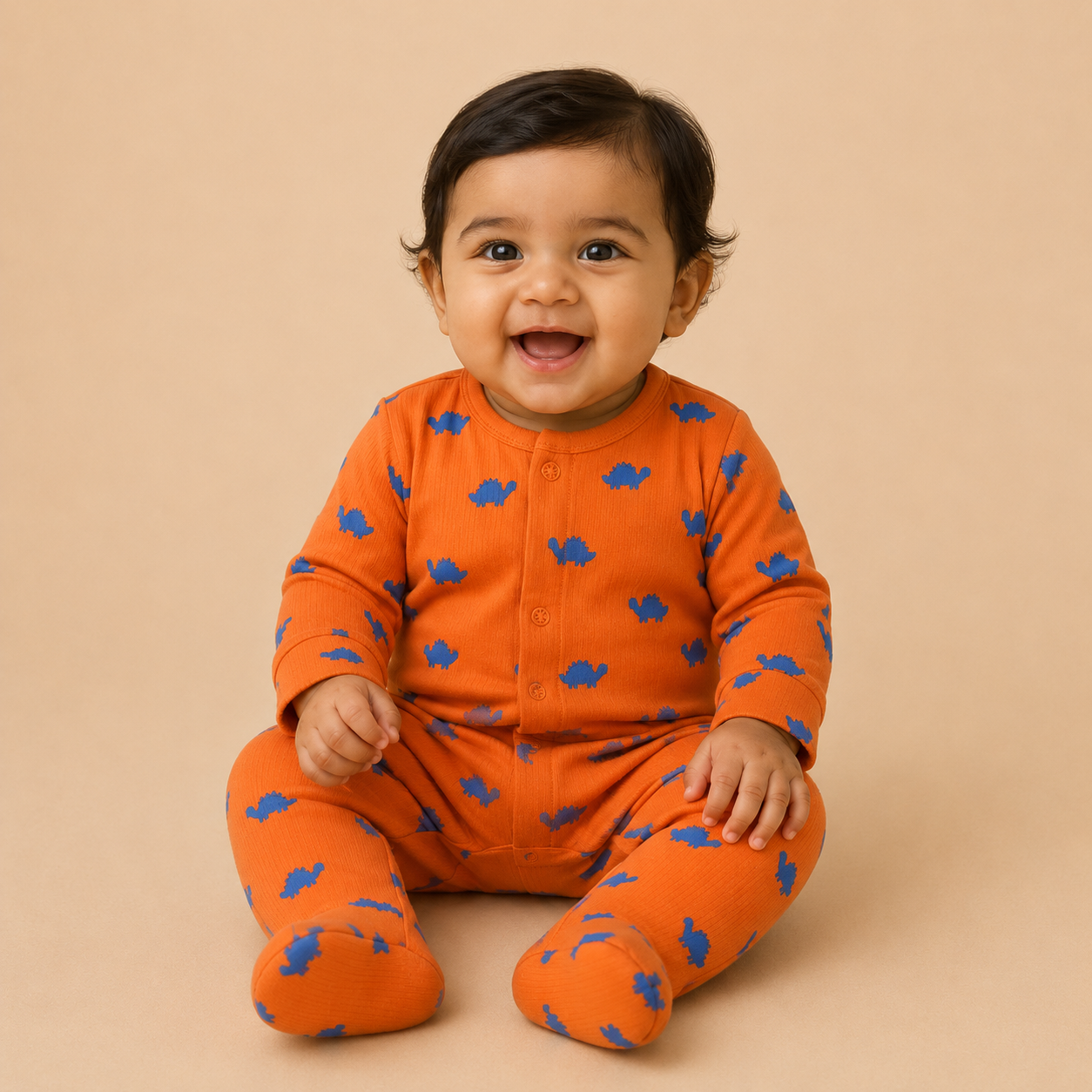Orange Dinosaur Print Cotton Sleepsuit for Newborn Babies (0-12 Months) | Soft Full Sleeve Romper