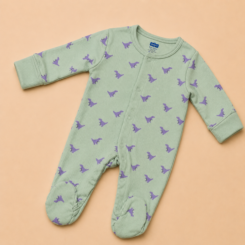 Mint Green Dinosaur Print Cotton Footed Sleepsuit for Newborn Babies (0-12 Months) | Soft Full Sleeve Romper