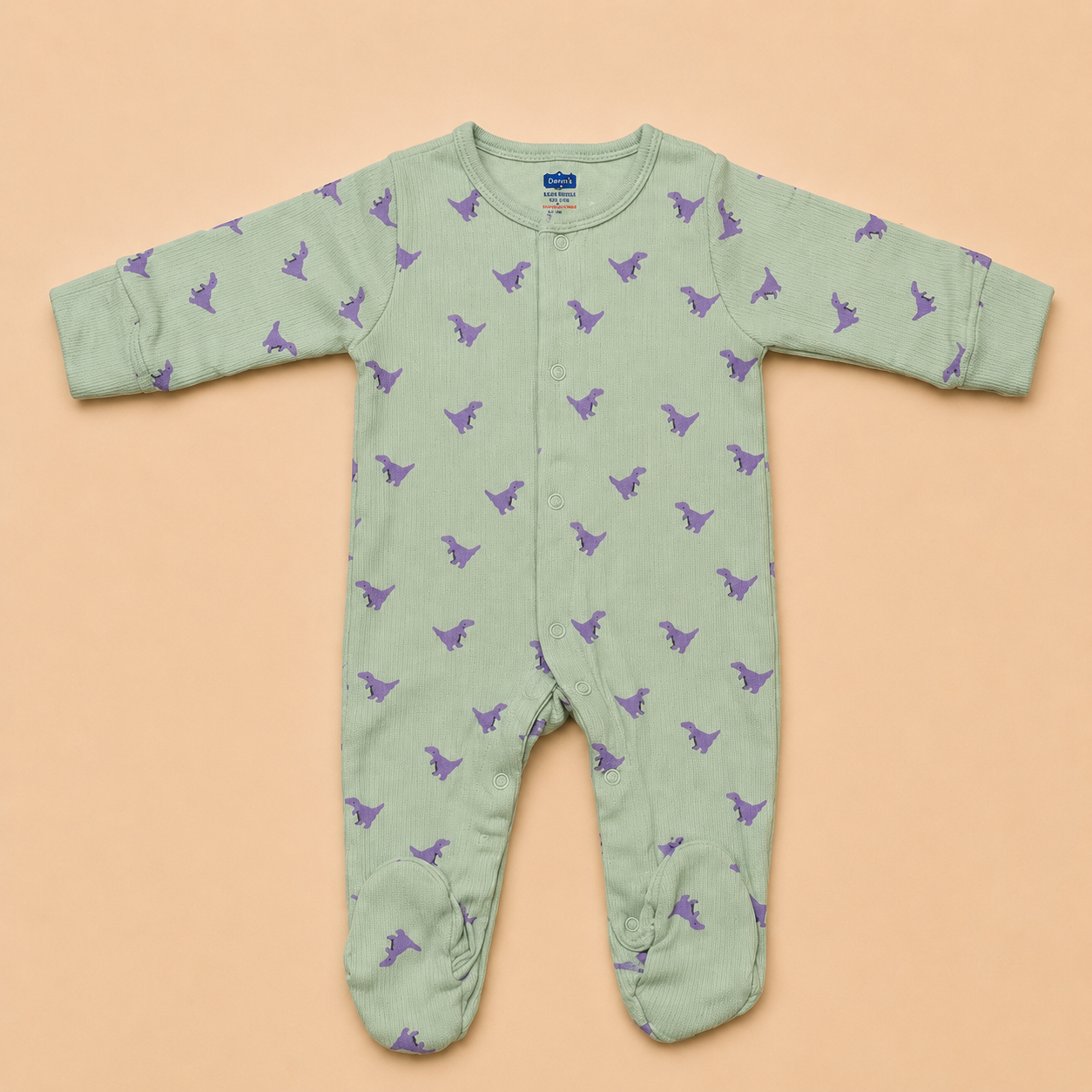 Mint Green Dinosaur Print Cotton Footed Sleepsuit for Newborn Babies (0-12 Months) | Soft Full Sleeve Romper