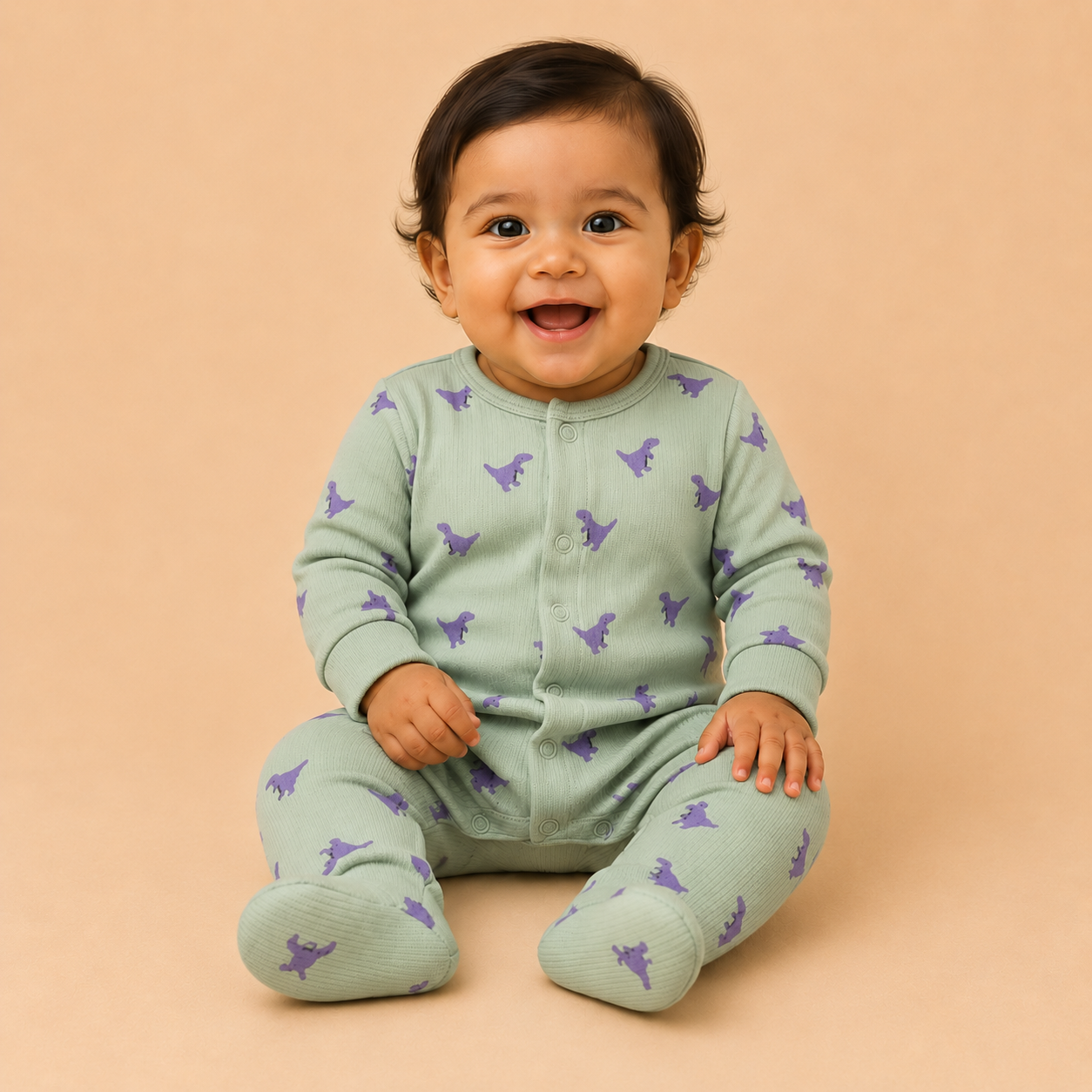 Mint Green Dinosaur Print Cotton Footed Sleepsuit for Newborn Babies (0-12 Months) | Soft Full Sleeve Romper