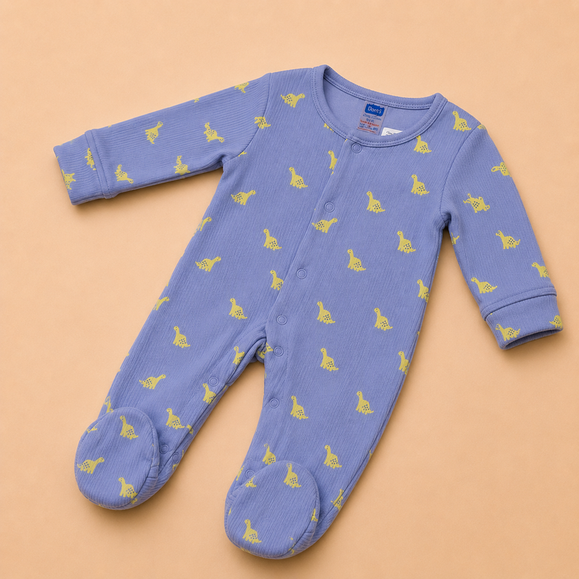 Lavender Dinosaur Print Cotton Footed Sleepsuit for Newborn Babies (0-12 Months) | Soft Full Sleeve Romper