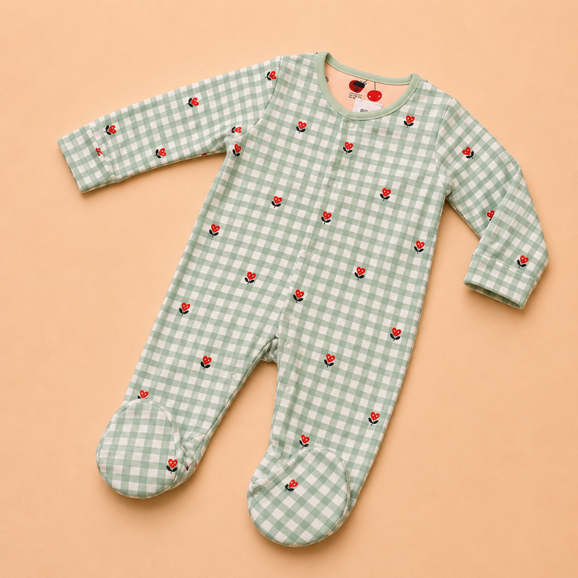 Mint Green Heart Print Cotton Footed Sleepsuit for Newborn Babies (0-12 Months) | Soft Full Sleeve Romper
