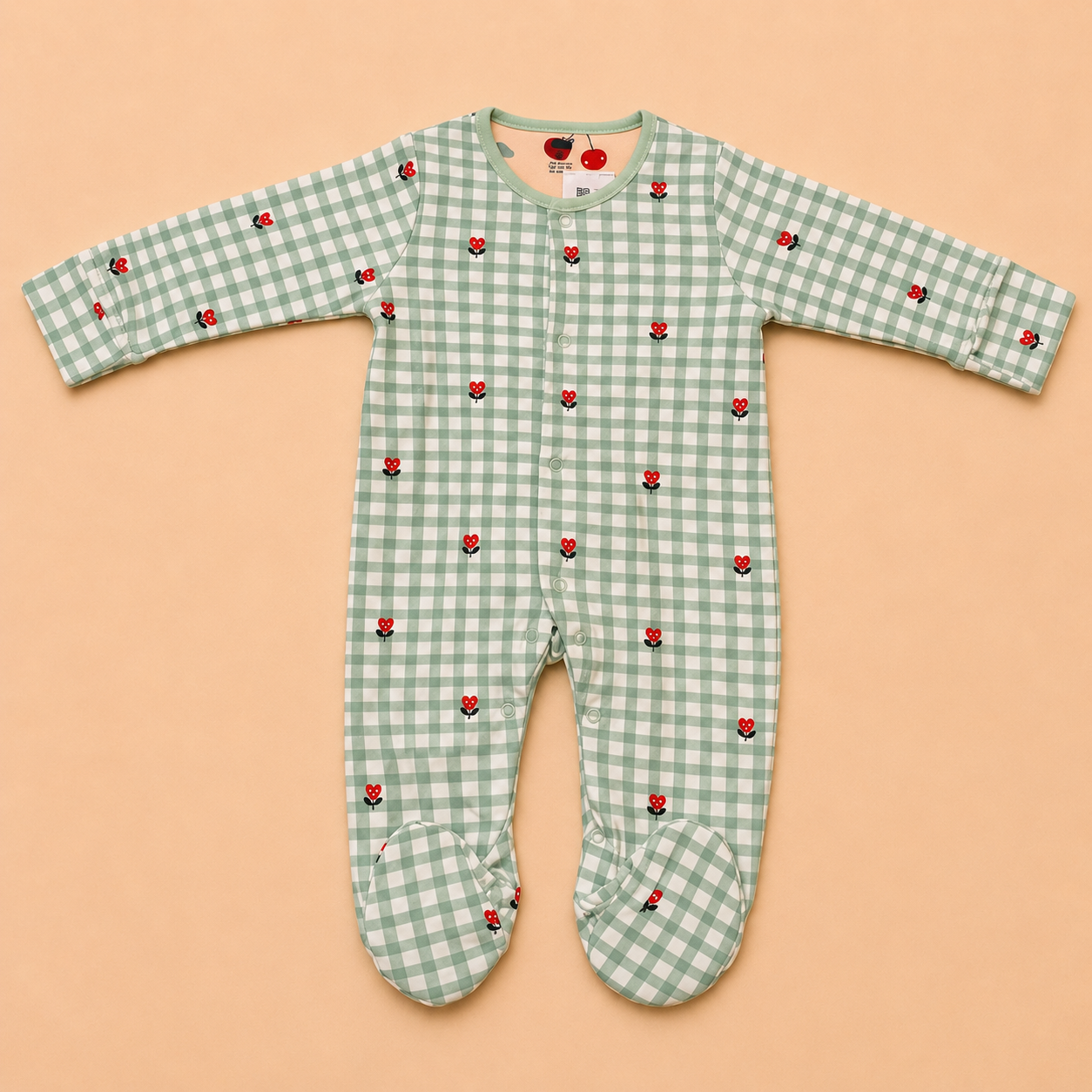 Mint Green Heart Print Cotton Footed Sleepsuit for Newborn Babies (0-12 Months) | Soft Full Sleeve Romper