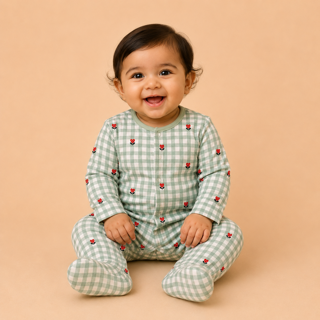 Mint Green Heart Print Cotton Footed Sleepsuit for Newborn Babies (0-12 Months) | Soft Full Sleeve Romper