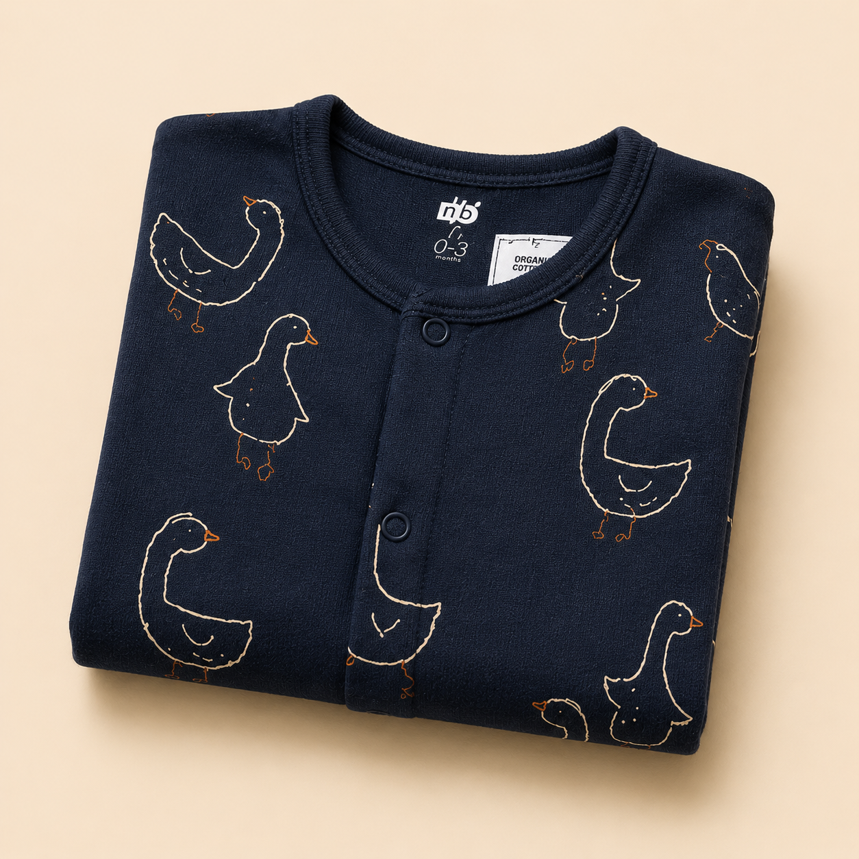 Navy Goose Print Cotton Sleepsuit for Newborn Babies (0-12 Months) | Soft Full Sleeve Romper