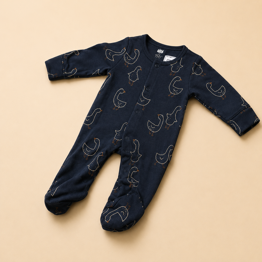 Navy Goose Print Cotton Sleepsuit for Newborn Babies (0-12 Months) | Soft Full Sleeve Romper