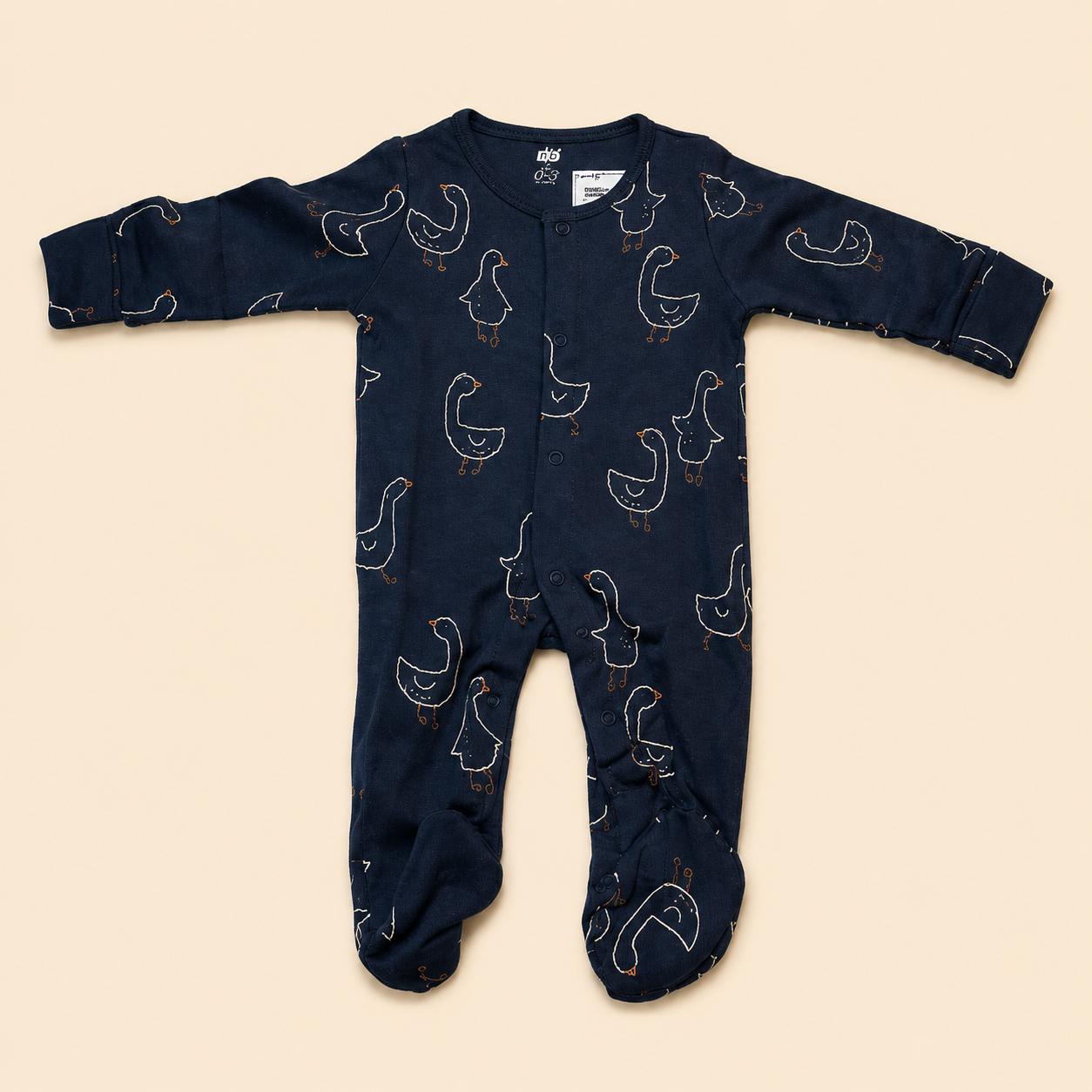 Navy Goose Print Cotton Sleepsuit for Newborn Babies (0-12 Months) | Soft Full Sleeve Romper