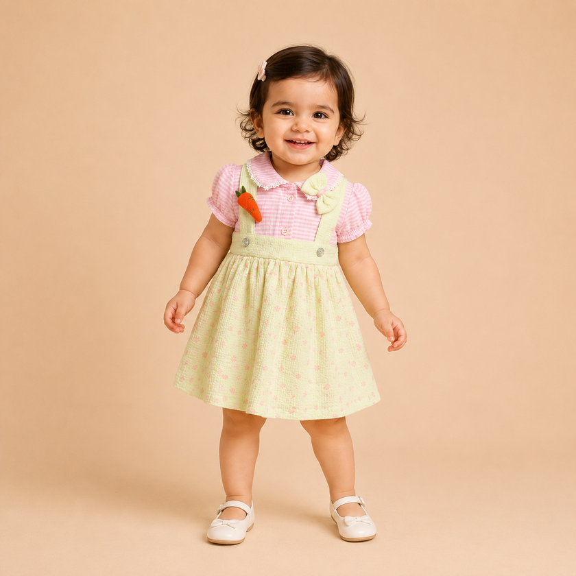 Baby Girl Floral Frock with Pink Check Top (0-12 Months) | Cute Casual Wear