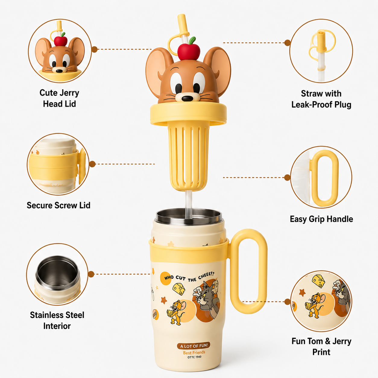Cartoon Character Stainless Steel Insulated Straw Tumbler for Kids | Leak-Proof Sipper Cup with Handle