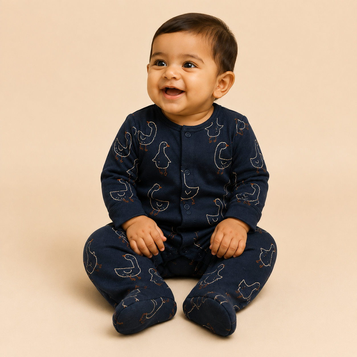 Navy Goose Print Cotton Sleepsuit for Newborn Babies (0-12 Months) | Soft Full Sleeve Romper