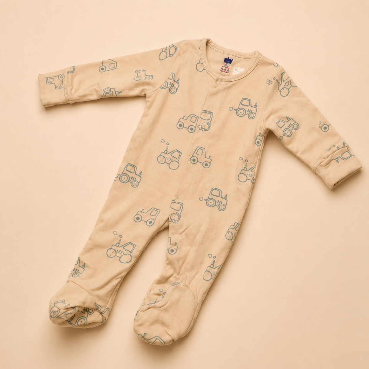Beige Vehicle Print Cotton Sleepsuit for Newborn Babies (0-12 Months) | Soft Full Sleeve Romper