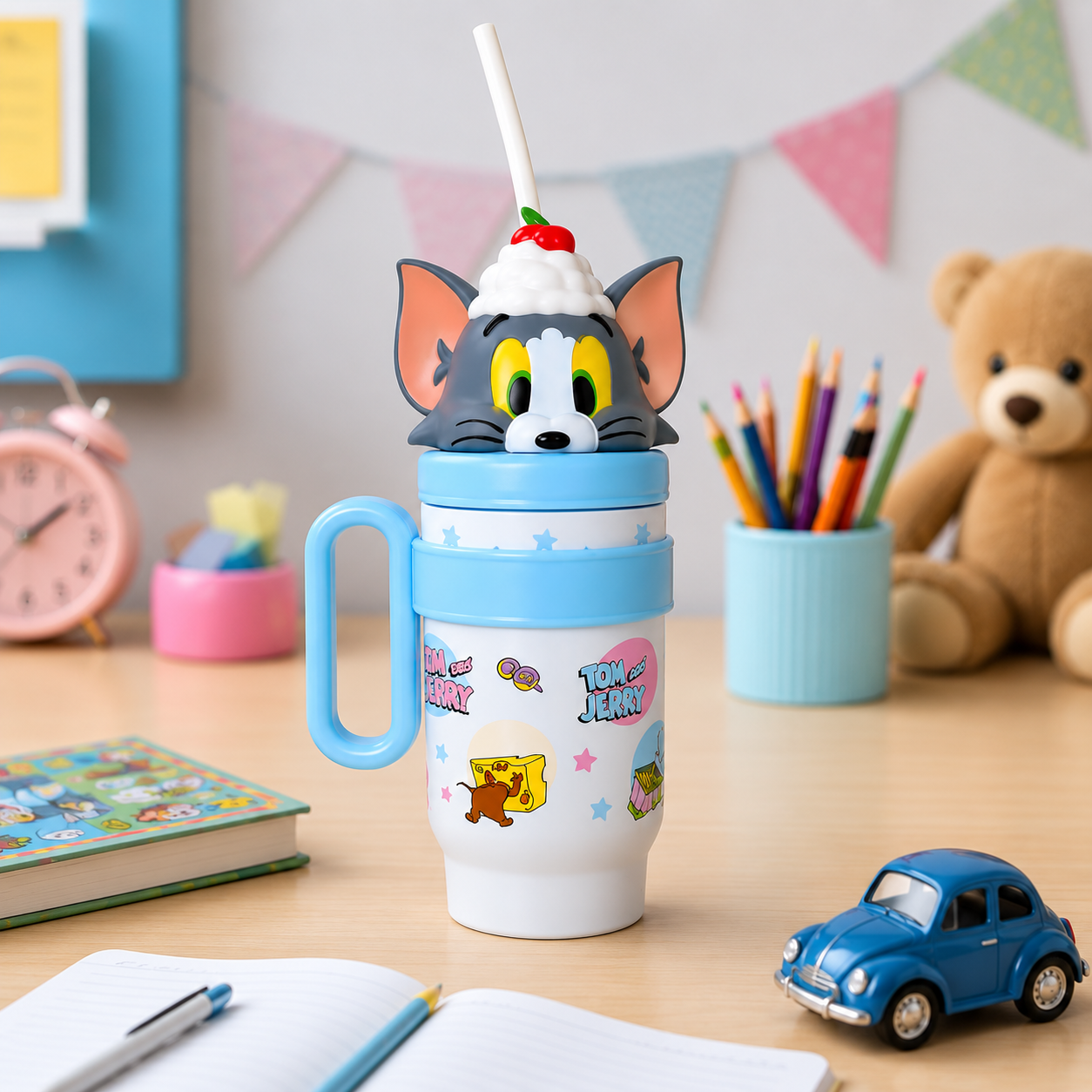 Cartoon Character Stainless Steel Insulated Straw Tumbler for Kids | Leak-Proof Sipper Cup with Handle