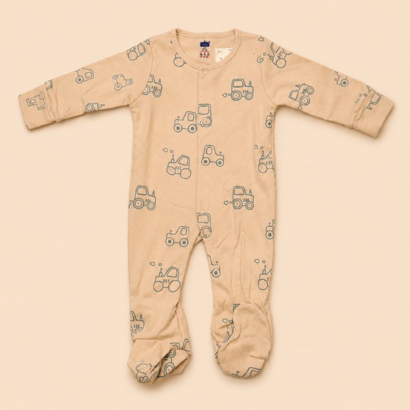 Beige Vehicle Print Cotton Sleepsuit for Newborn Babies (0-12 Months) | Soft Full Sleeve Romper