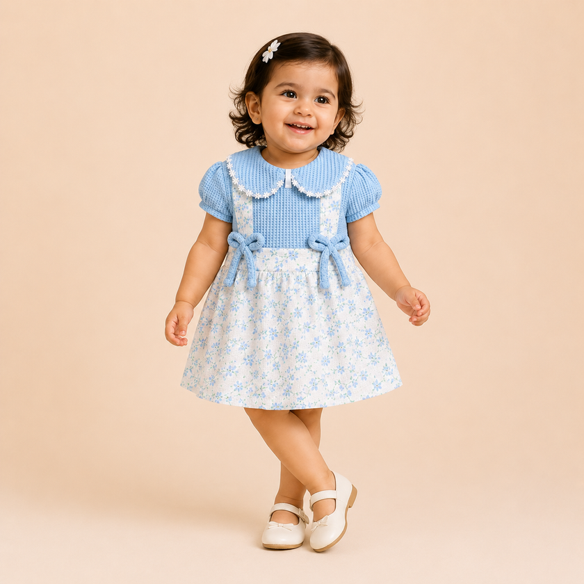 Blue Floral Cotton Frock for Baby Girls (0-12 Months) | Soft & Comfortable Infant Wear