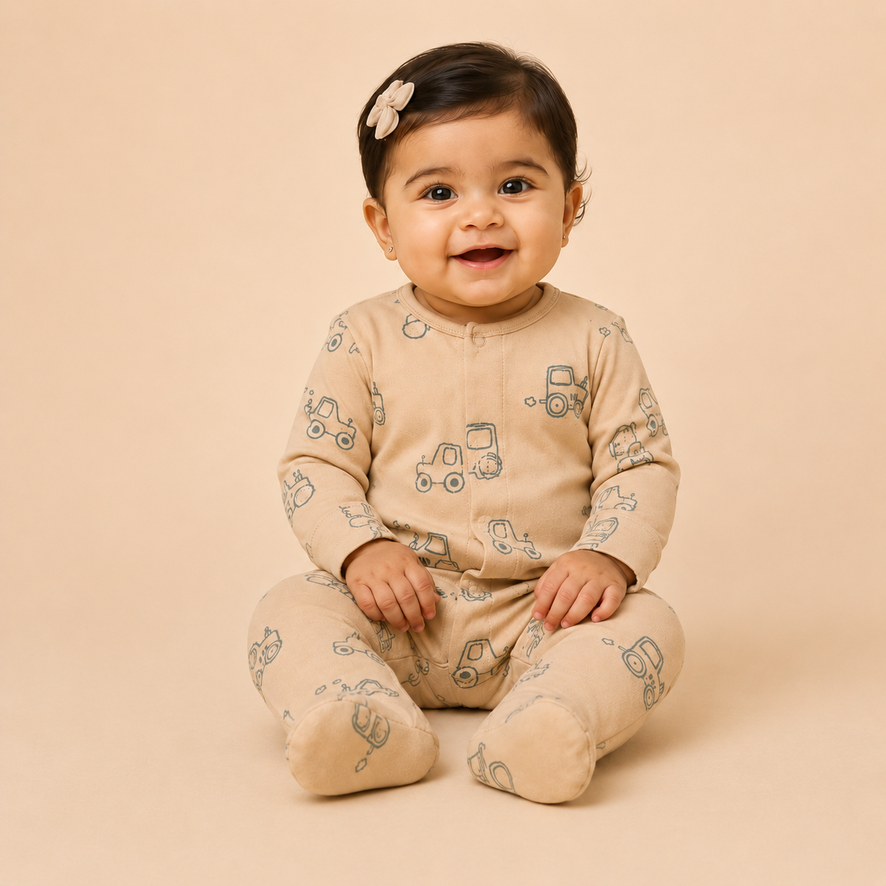 Beige Vehicle Print Cotton Sleepsuit for Newborn Babies (0-12 Months) | Soft Full Sleeve Romper