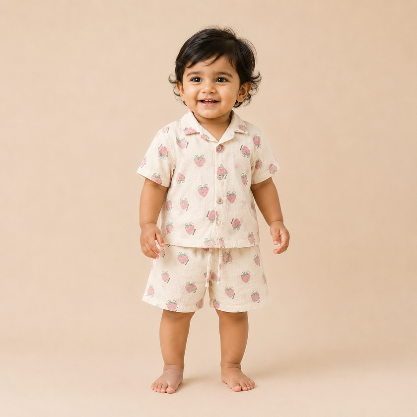 Strawberry Print Unisex Co-Ord Set for Babies (0-24 Months) | Soft & Breathable Summer Wear
