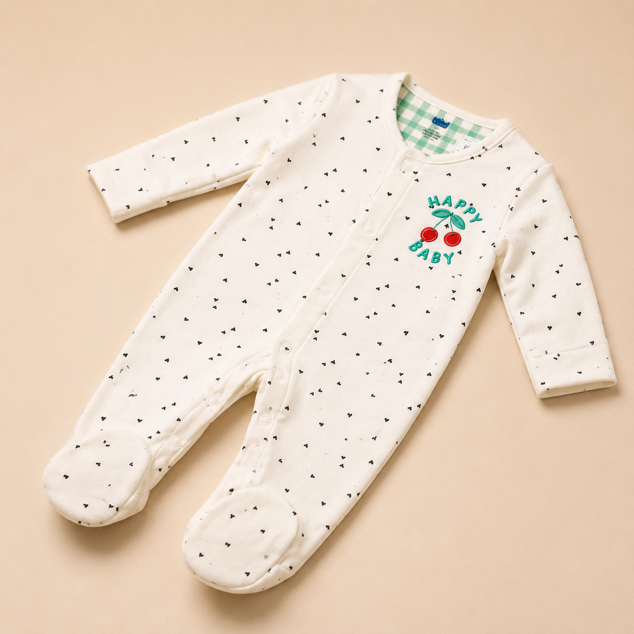 White Happy Baby Cherry Cotton Sleepsuit for Newborn Babies (0-12 Months) | Soft Full Sleeve Romper