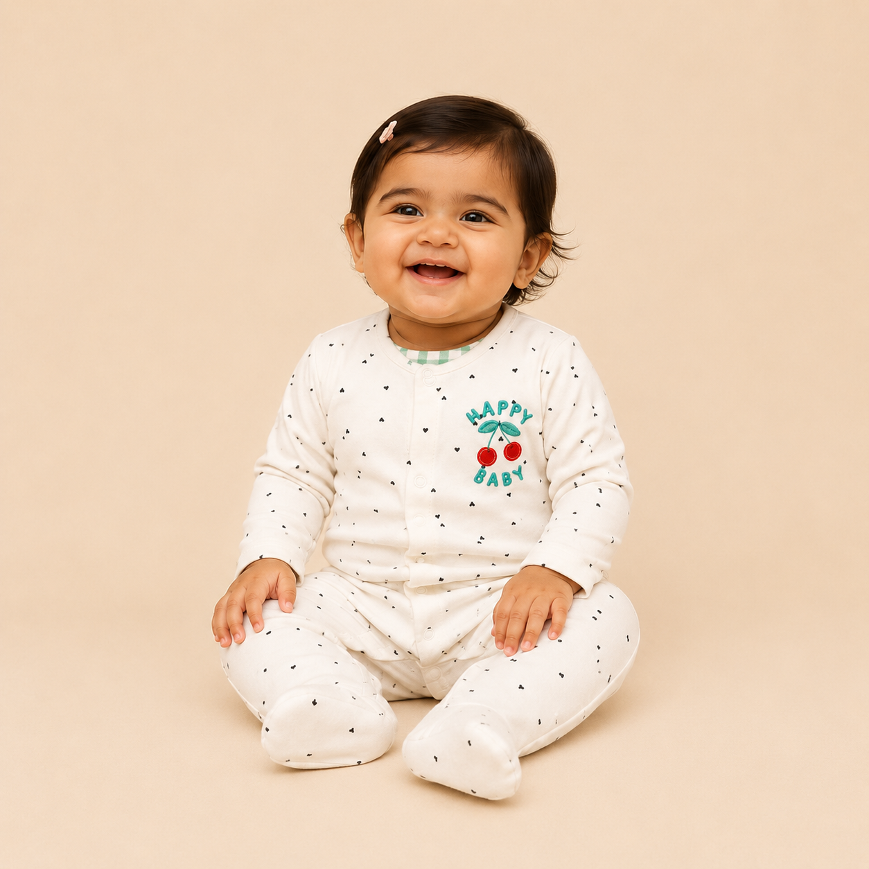 White Happy Baby Cherry Cotton Sleepsuit for Newborn Babies (0-12 Months) | Soft Full Sleeve Romper