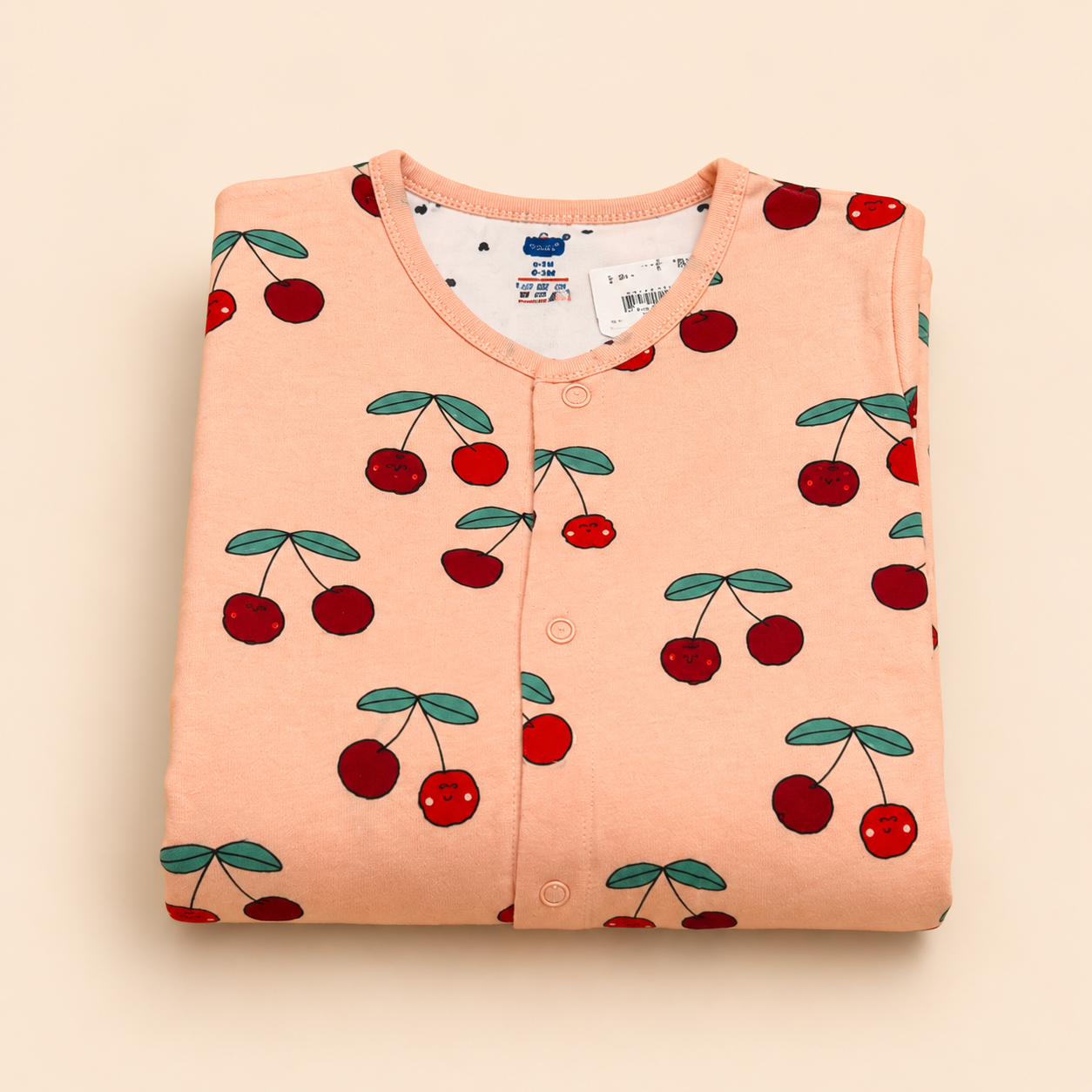 Peach Cherry Print Cotton Sleepsuit for Newborn Babies (0-12 Months) | Soft Full Sleeve Romper