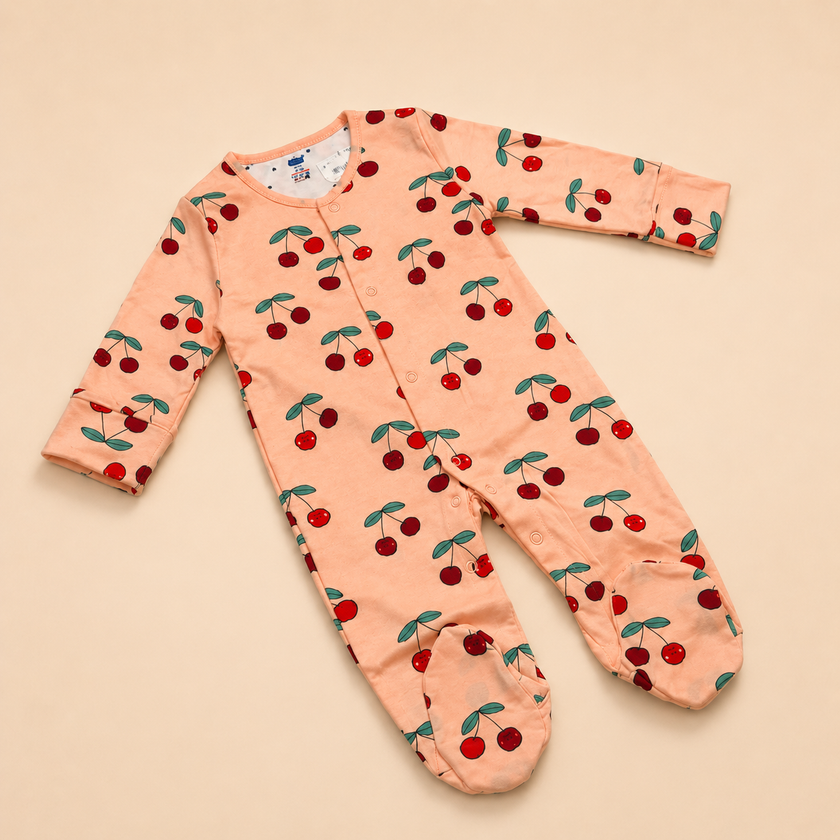 Peach Cherry Print Cotton Sleepsuit for Newborn Babies (0-12 Months) | Soft Full Sleeve Romper