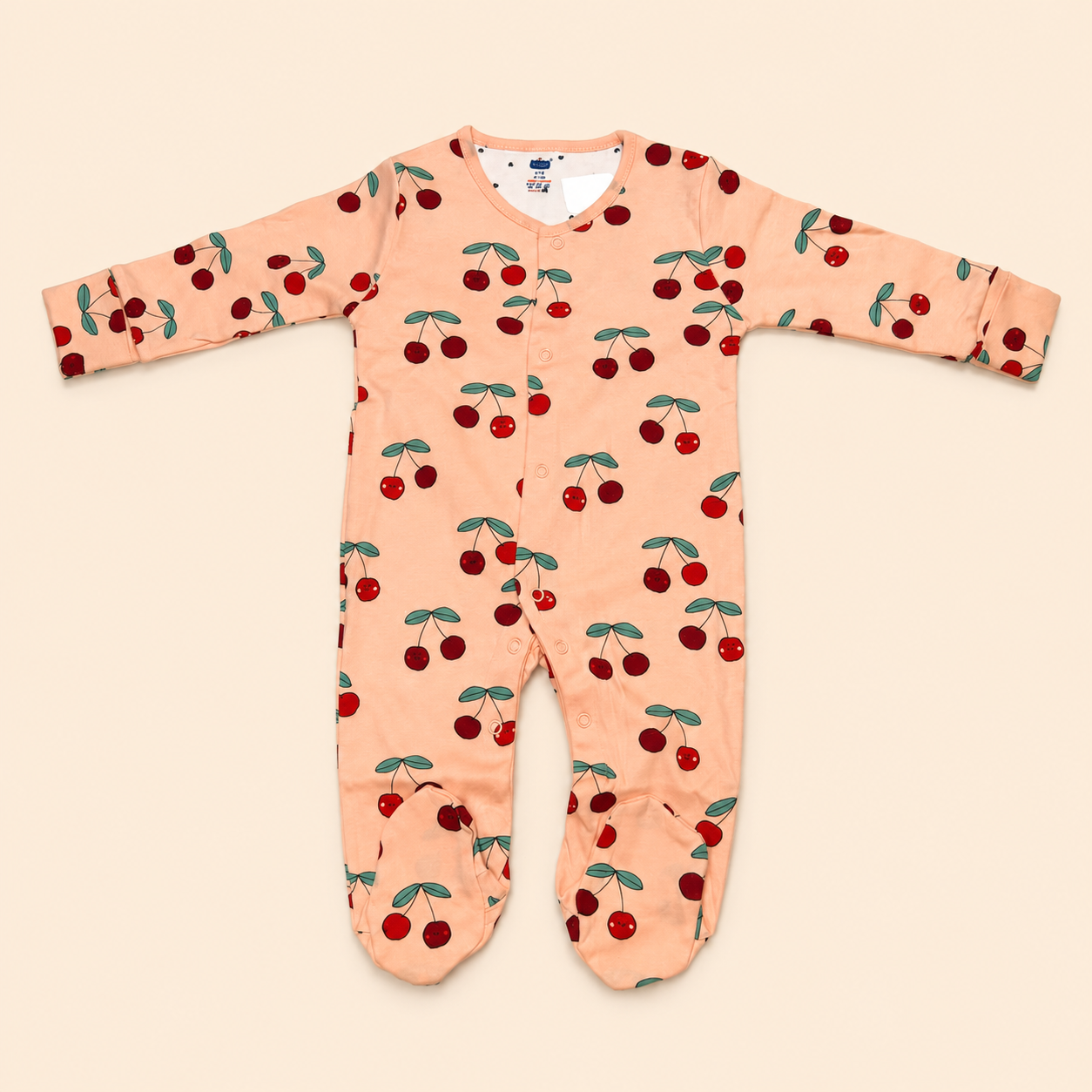 Peach Cherry Print Cotton Sleepsuit for Newborn Babies (0-12 Months) | Soft Full Sleeve Romper