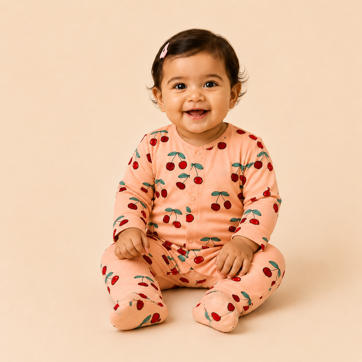 Peach Cherry Print Cotton Sleepsuit for Newborn Babies (0-12 Months) | Soft Full Sleeve Romper