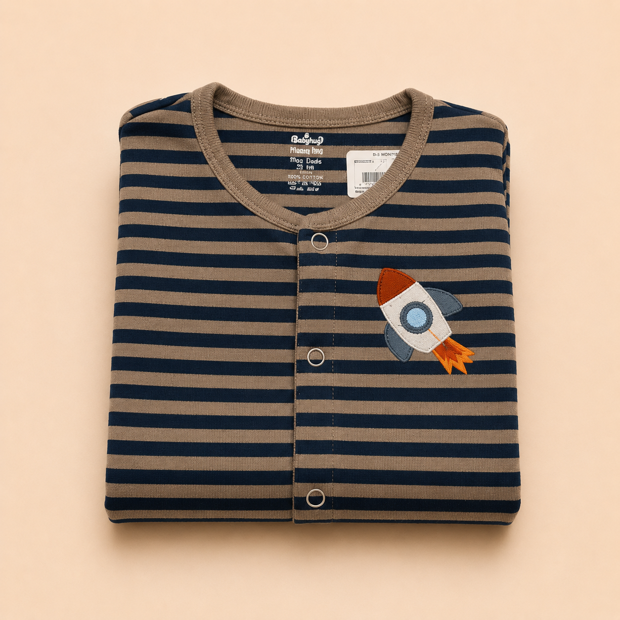 Navy Stripe Rocket Cotton Sleepsuit for Newborn Babies (0-12 Months) | Soft Full Sleeve Romper