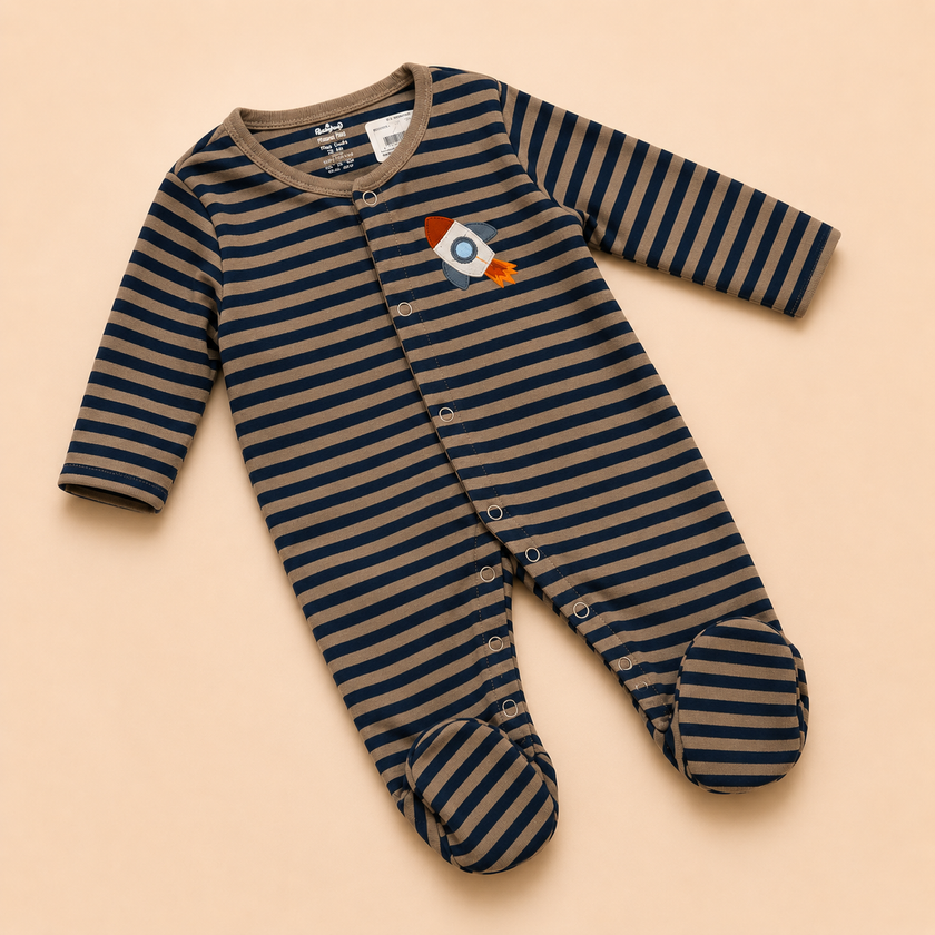 Navy Stripe Rocket Cotton Sleepsuit for Newborn Babies (0-12 Months) | Soft Full Sleeve Romper