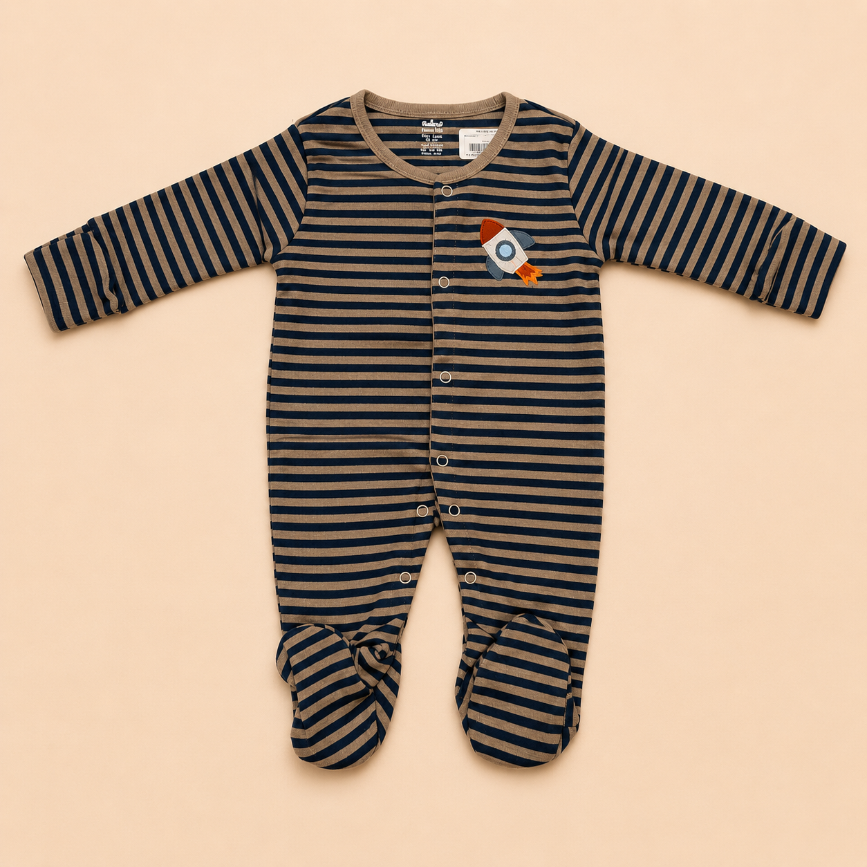 Navy Stripe Rocket Cotton Sleepsuit for Newborn Babies (0-12 Months) | Soft Full Sleeve Romper