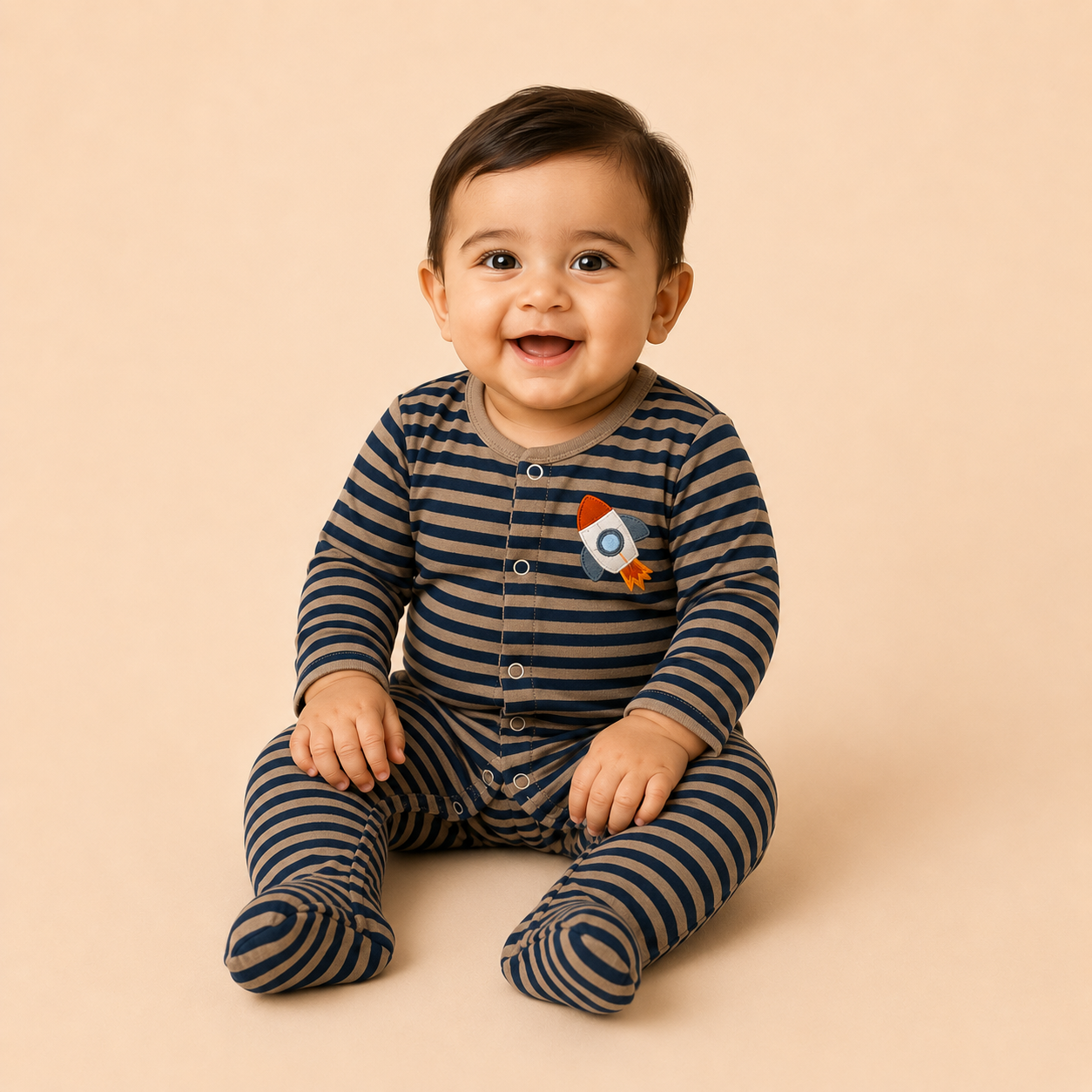 Navy Stripe Rocket Cotton Sleepsuit for Newborn Babies (0-12 Months) | Soft Full Sleeve Romper