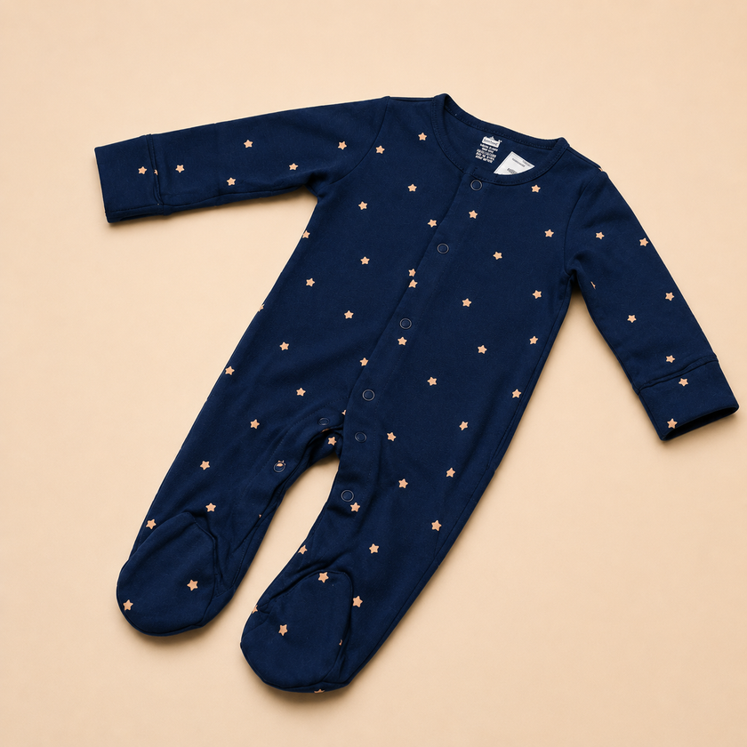 Navy Star Print Cotton Sleepsuit for Newborn Babies (0-12 Months) | Soft Full Sleeve Romper