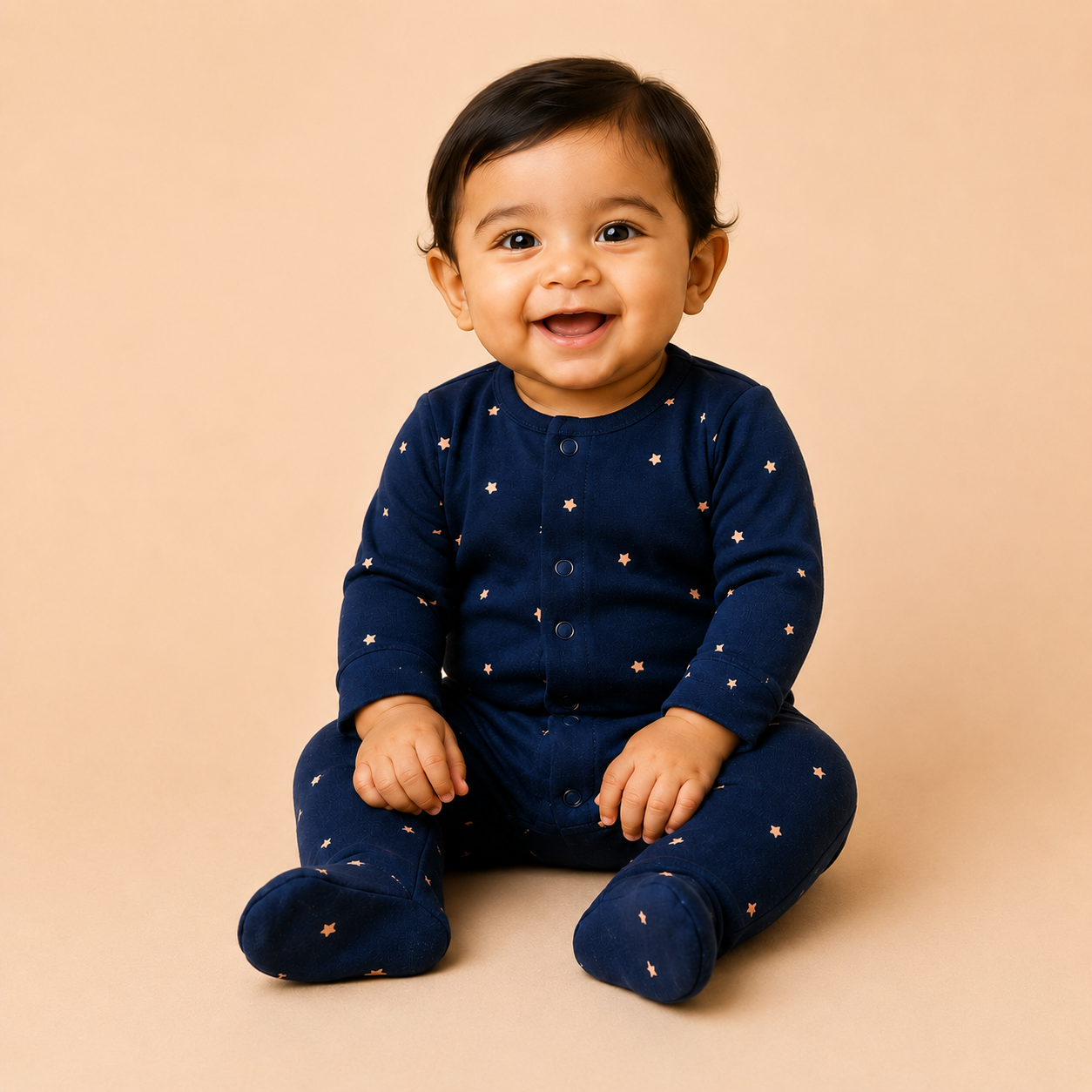 Navy Star Print Cotton Sleepsuit for Newborn Babies (0-12 Months) | Soft Full Sleeve Romper