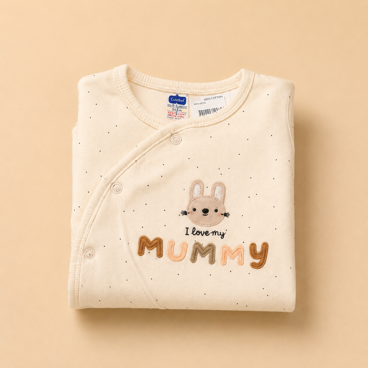Cream I Love My Mummy Cotton Sleepsuit for Newborn Babies (0-12 Months) | Soft Full Sleeve Romper