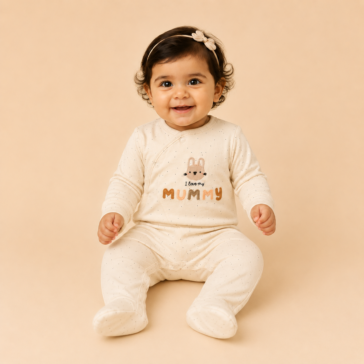 Cream I Love My Mummy Cotton Sleepsuit for Newborn Babies (0-12 Months) | Soft Full Sleeve Romper
