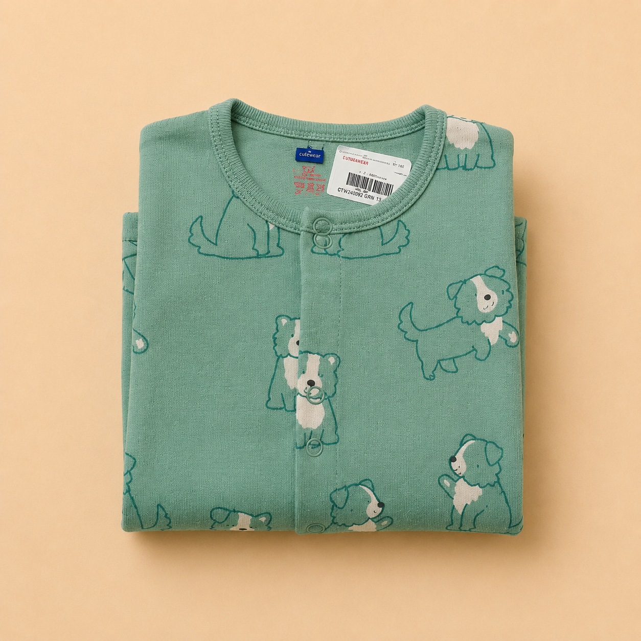 Green Dog Print Cotton Sleepsuit for Newborn Babies (0-12 Months) | Soft Full Sleeve Romper