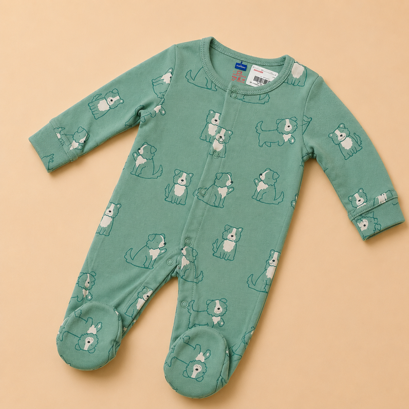 Green Dog Print Cotton Sleepsuit for Newborn Babies (0-12 Months) | Soft Full Sleeve Romper