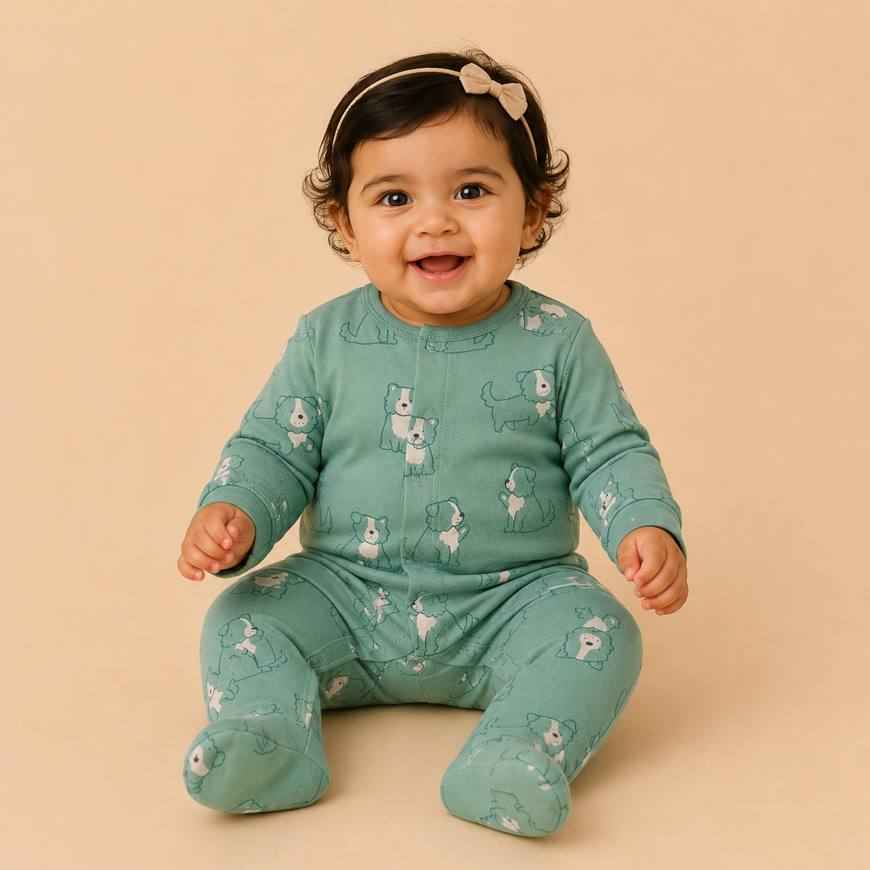 Green Dog Print Cotton Sleepsuit for Newborn Babies (0-12 Months) | Soft Full Sleeve Romper