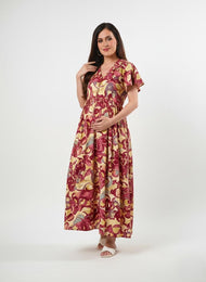Wine Floral Printed Maternity Maxi Dress
