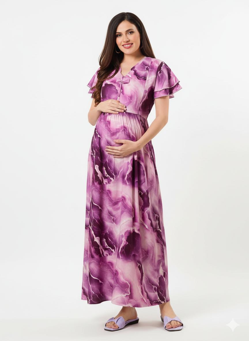 Purple Tie-Dye Style Maternity Maxi Dress