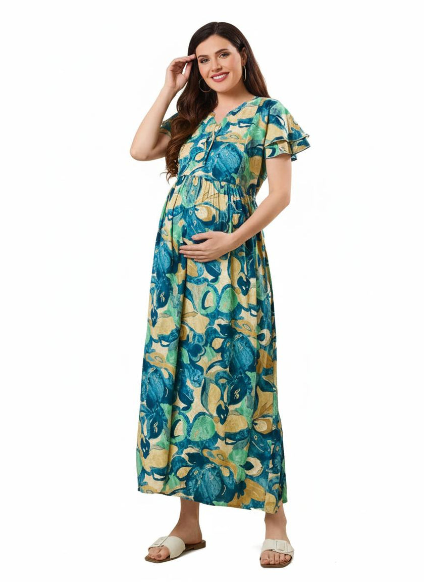 Blue Floral Printed Maternity Maxi Dress