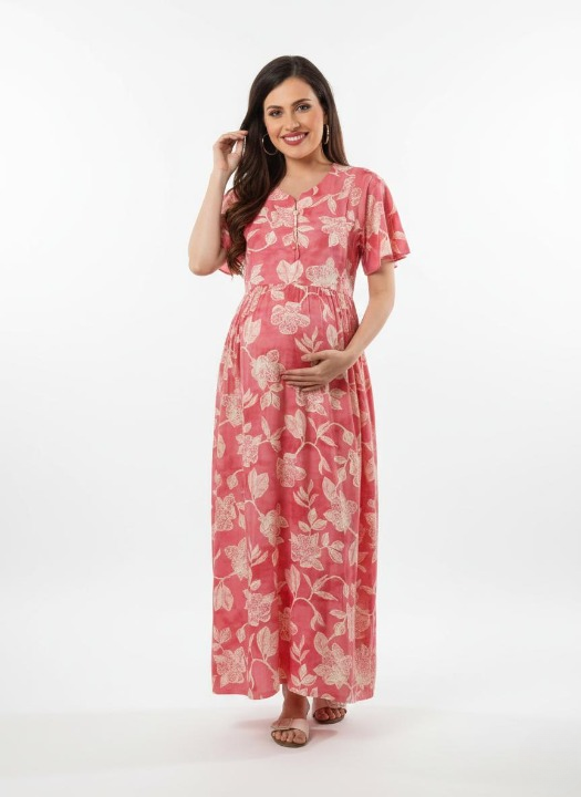 Rose Pink Floral Printed Maternity Maxi Dress