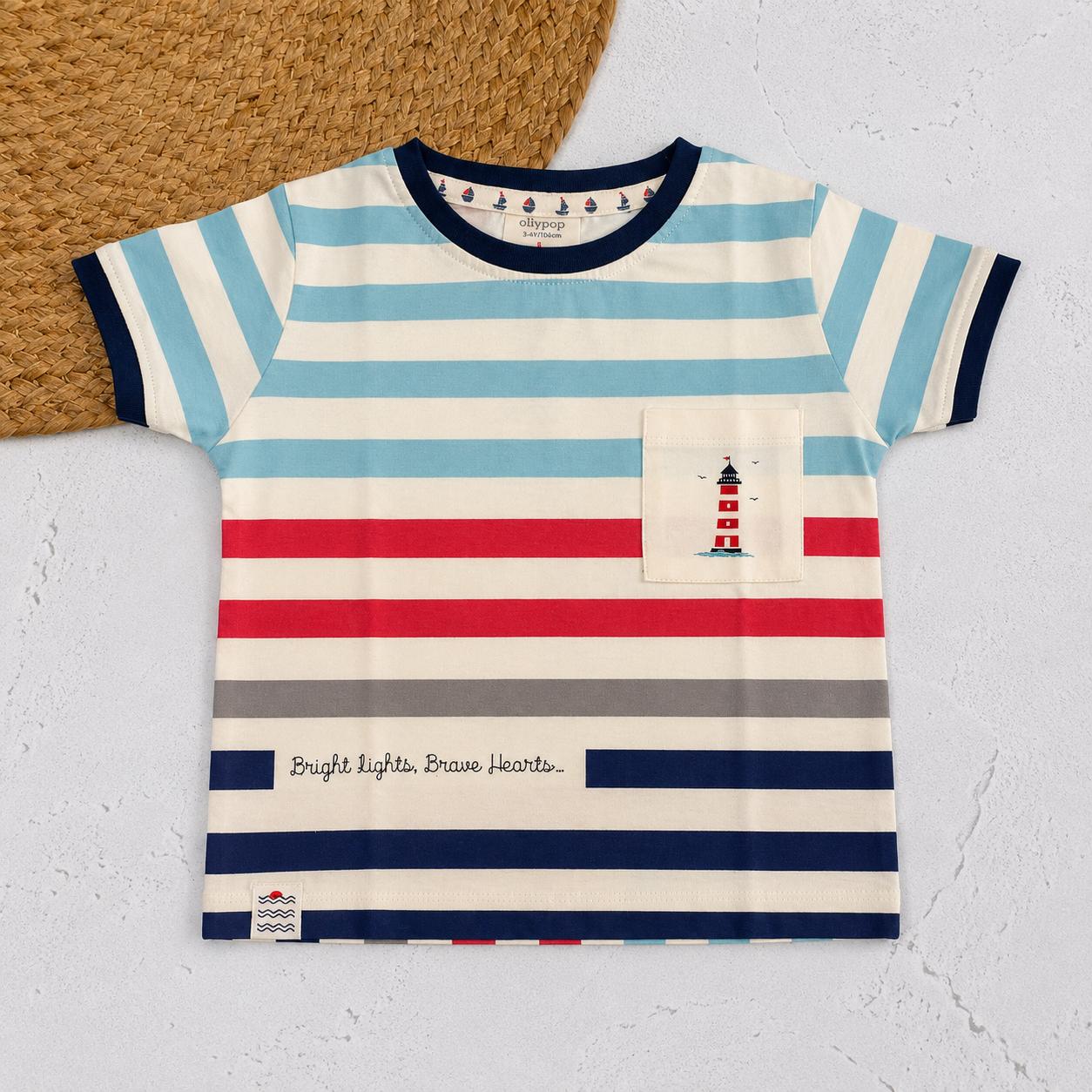 Striped Cotton T-Shirt with Lighthouse Pocket Print