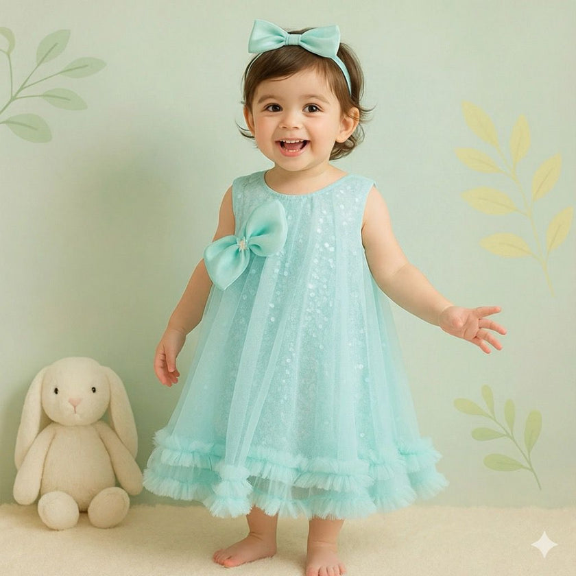 Aqua Blue Sequin Baby Girl Party Frock with Bow & Ruffles