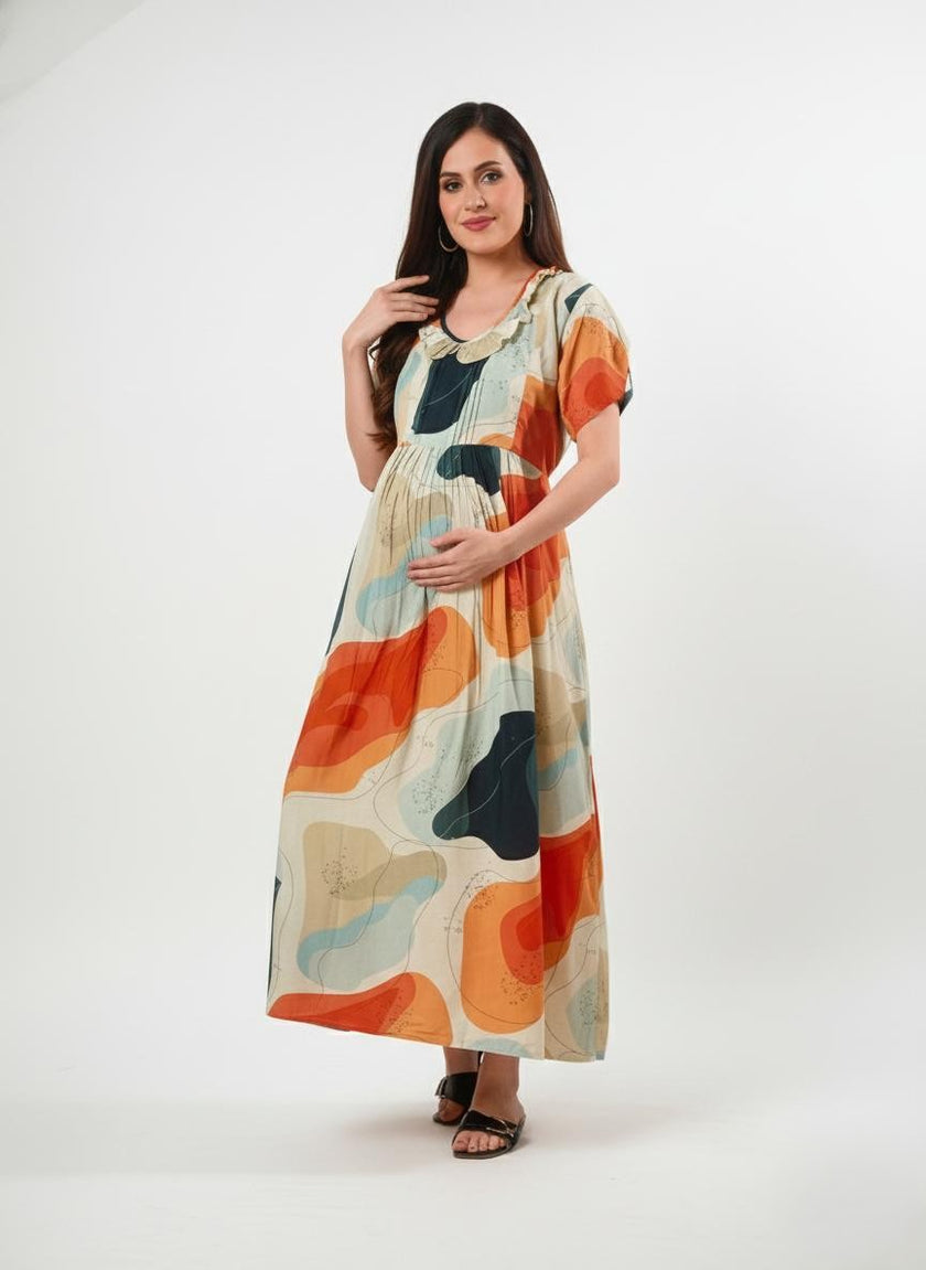 Multicolor Abstract Printed Maternity Maxi Dress